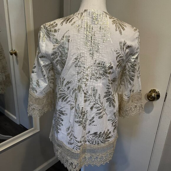 Alfani White and Gold Pintuck Metallic Lace Cotton Tunic Top, Size 2 - Picture 12 of 16